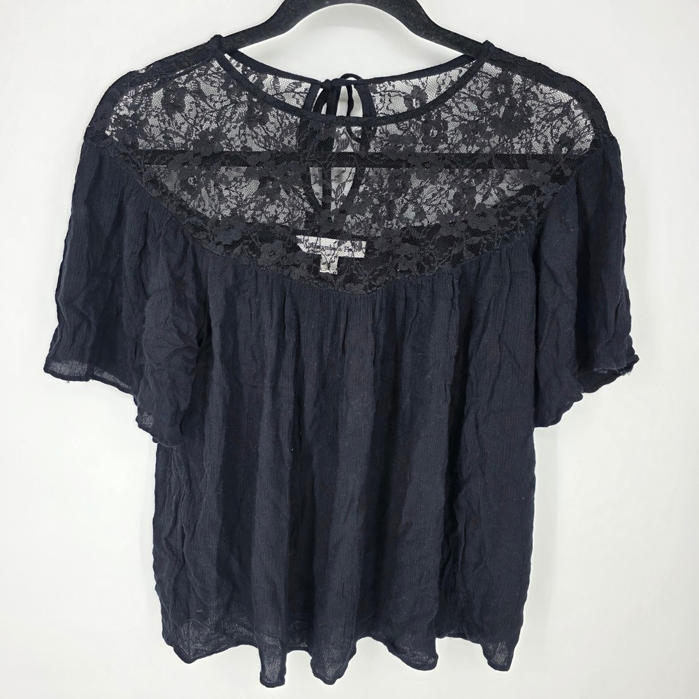 Abercrombie & Fitch Black Lace Yoke Short Sleeve Viscose Blouse Tie Back Small